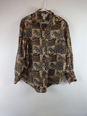 Vintage Metro Express 100% Silk Zebra Pattern Long Sleeve Button Down Blouse LG